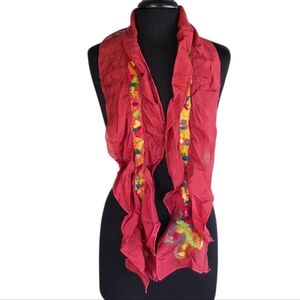 Vintage Red Scarf with Colorful Embroidery Feminine Ruffle Bohemian